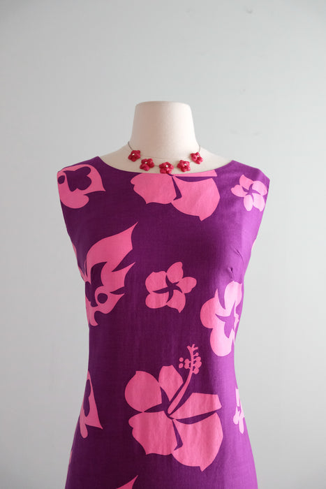 Fantastic 1960's Magenta Hibiscus Hawaiian Gown by Hookano / M/L