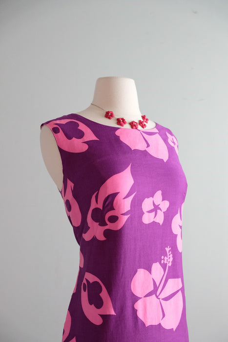 Fantastic 1960's Magenta Hibiscus Hawaiian Gown by Hookano / M/L