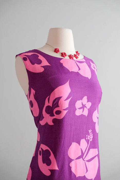 Fantastic 1960's Magenta Hibiscus Hawaiian Gown by Hookano / M/L