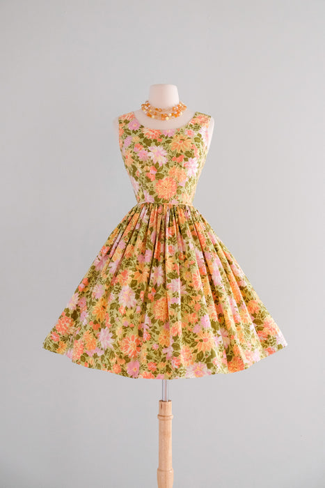 Glorious 1950's Green & Gold Floral Cotton Sundress / S