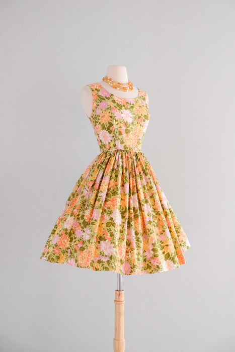 Glorious 1950's Green & Gold Floral Cotton Sundress / S