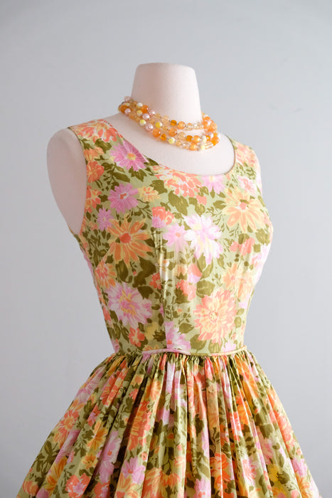 Glorious 1950's Green & Gold Floral Cotton Sundress / S