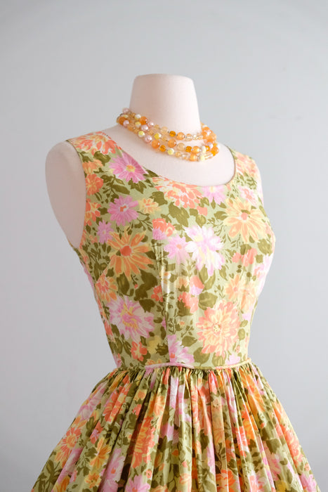 Glorious 1950's Green & Gold Floral Cotton Sundress / S