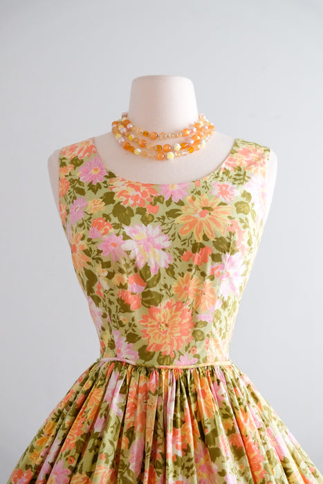 Glorious 1950's Green & Gold Floral Cotton Sundress / S