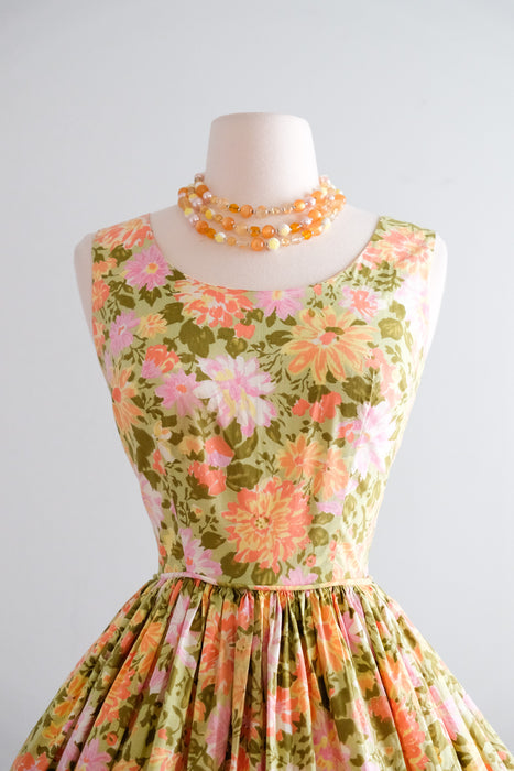 Glorious 1950's Green & Gold Floral Cotton Sundress / S