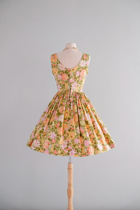 Glorious 1950's Green & Gold Floral Cotton Sundress / S