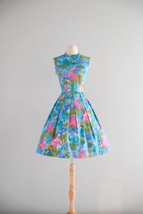 Wonderful 1960's Sky Blue Watercolor Floral Sundress / M