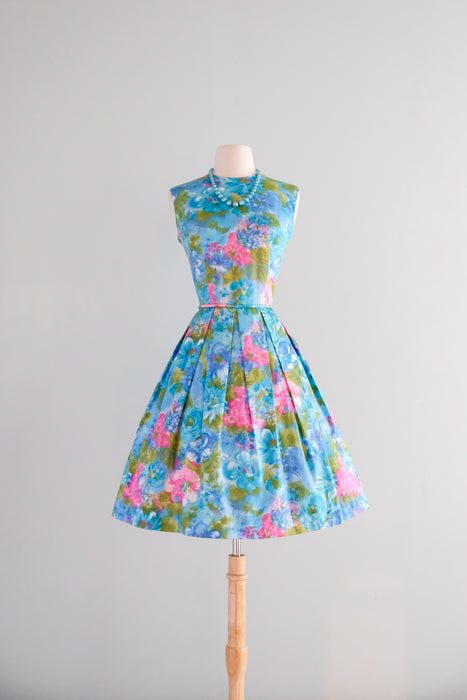 Wonderful 1960's Sky Blue Watercolor Floral Sundress / M