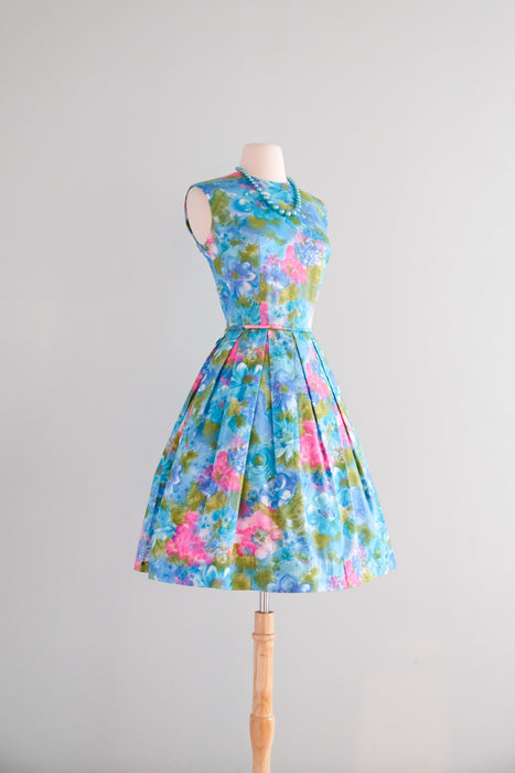 Wonderful 1960's Sky Blue Watercolor Floral Sundress / M