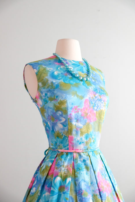 Wonderful 1960's Sky Blue Watercolor Floral Sundress / M