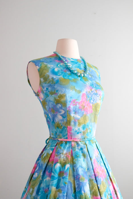 Wonderful 1960's Sky Blue Watercolor Floral Sundress / M