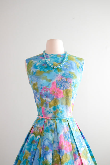 Wonderful 1960's Sky Blue Watercolor Floral Sundress / M