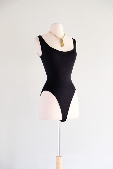 1990's Black Silk Jersey Sleeveless Bodysuit by Donna Karan / M
