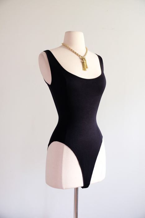 1990's Black Silk Jersey Sleeveless Bodysuit by Donna Karan / M