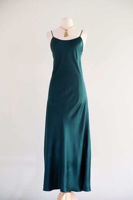 Vintage 1990's Emerald Green Silk Bias Cut Slip Gown / M