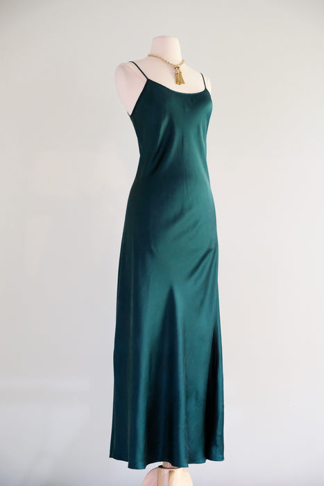 Vintage 1990's Emerald Green Silk Bias Cut Slip Gown / M