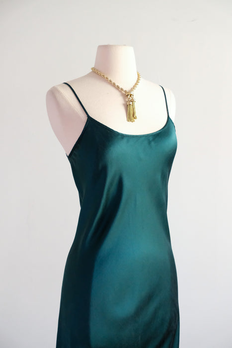 Vintage 1990's Emerald Green Silk Bias Cut Slip Gown / M