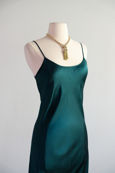 Vintage 1990's Emerald Green Silk Bias Cut Slip Gown / M