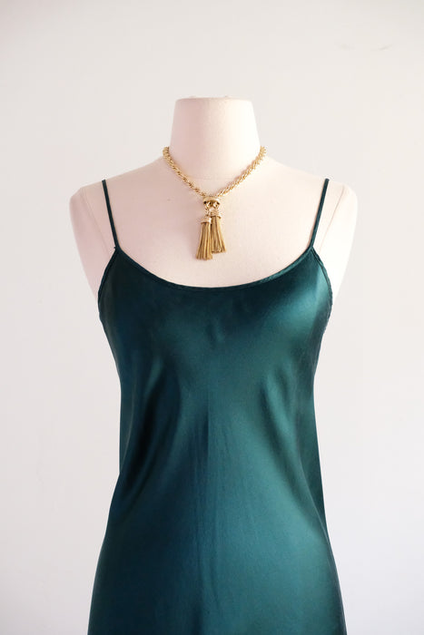 Vintage 1990's Emerald Green Silk Bias Cut Slip Gown / M