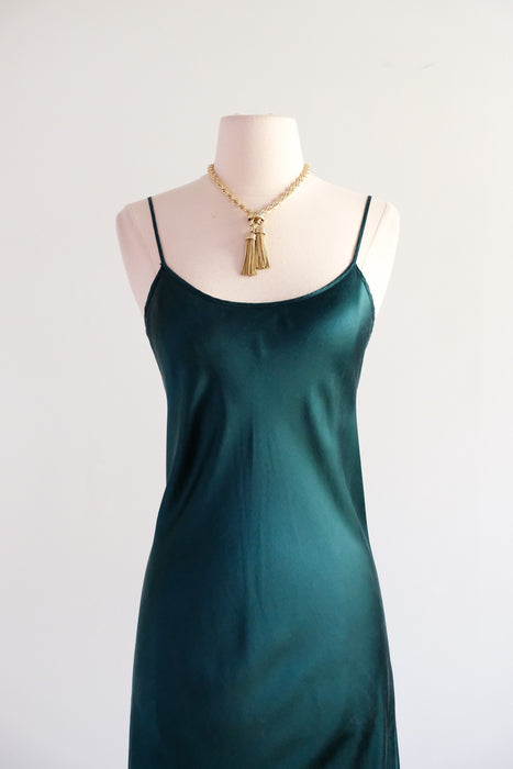 Vintage 1990's Emerald Green Silk Bias Cut Slip Gown / M