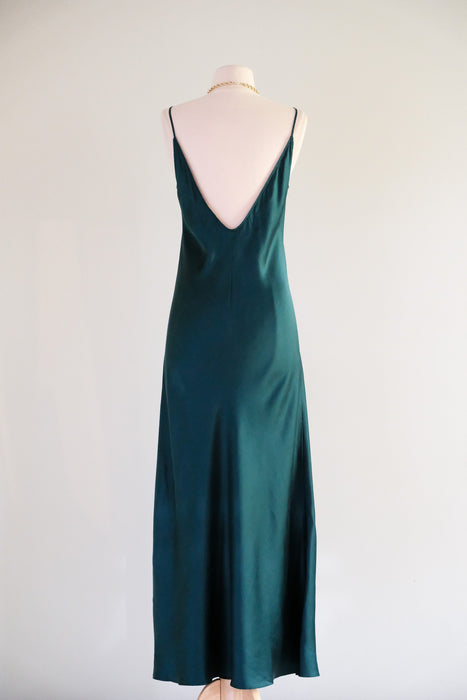 Vintage 1990's Emerald Green Silk Bias Cut Slip Gown / M