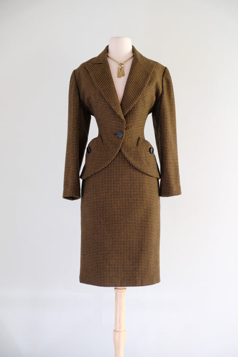 Vintage 1980's Does 40's Copper Houndstooth Wool Power Suit by Claude Bert / S