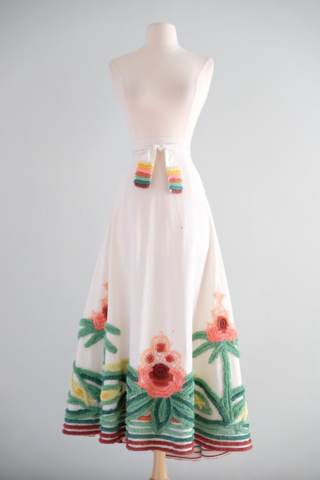 Incredible 1930's Rainbow Lotus Flower Chenille Cotton Wrap Skirt / S/M