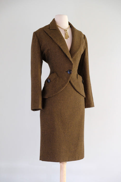Vintage 1980's Does 40's Copper Houndstooth Wool Power Suit by Claude Bert / S
