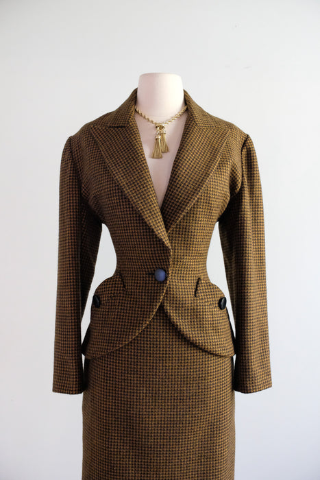 Vintage 1980's Does 40's Copper Houndstooth Wool Power Suit by Claude Bert / S