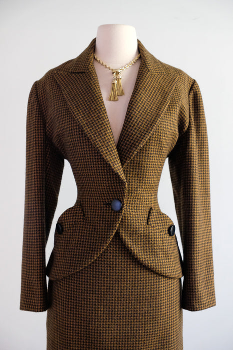 Vintage 1980's Does 40's Copper Houndstooth Wool Power Suit by Claude Bert / S