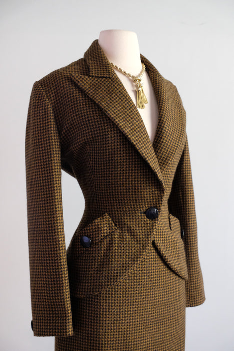 Vintage 1980's Does 40's Copper Houndstooth Wool Power Suit by Claude Bert / S