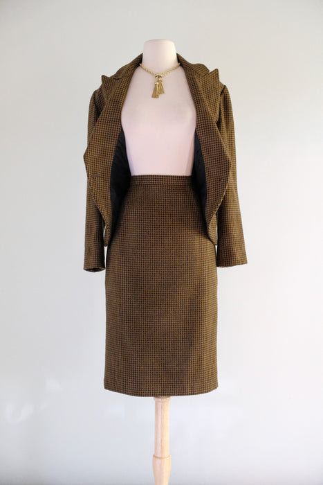 Vintage 1980's Does 40's Copper Houndstooth Wool Power Suit by Claude Bert / S
