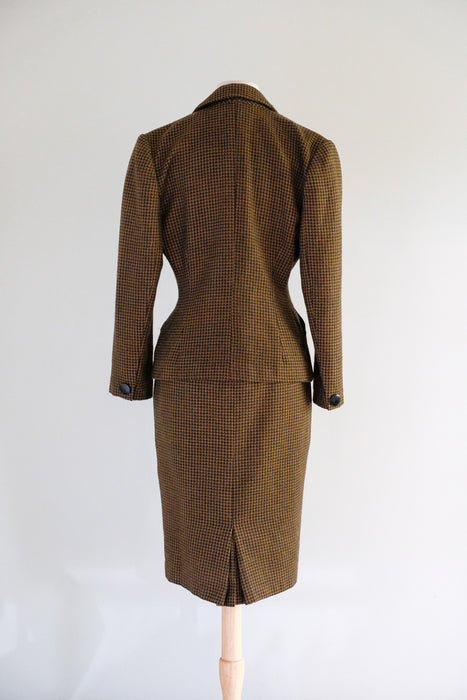 Vintage 1980's Does 40's Copper Houndstooth Wool Power Suit by Claude Bert / S