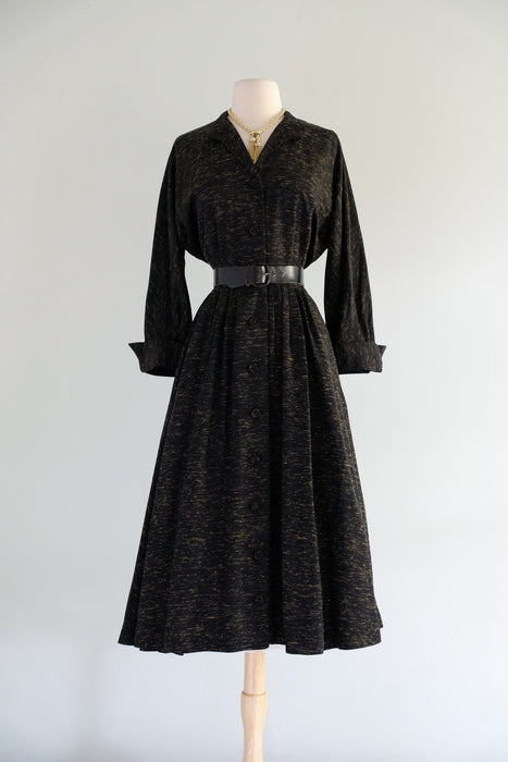 Vintage Early 1950's Black & Gold Textured Faille Dress by Brielle / SM
