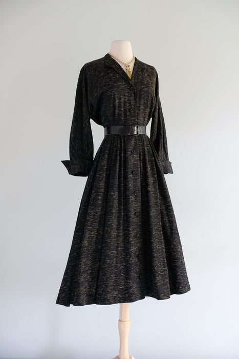 Vintage Early 1950's Black & Gold Textured Faille Dress by Brielle / SM