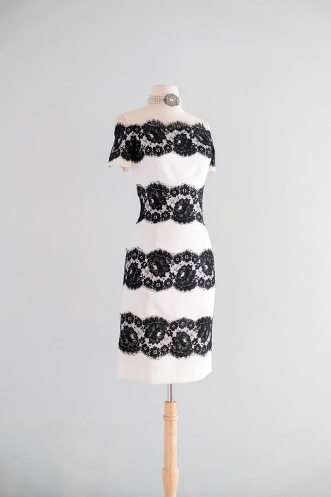Chic 1990's Black & White Striped Spanish Lace Cocktail Dress by Scaasi / M