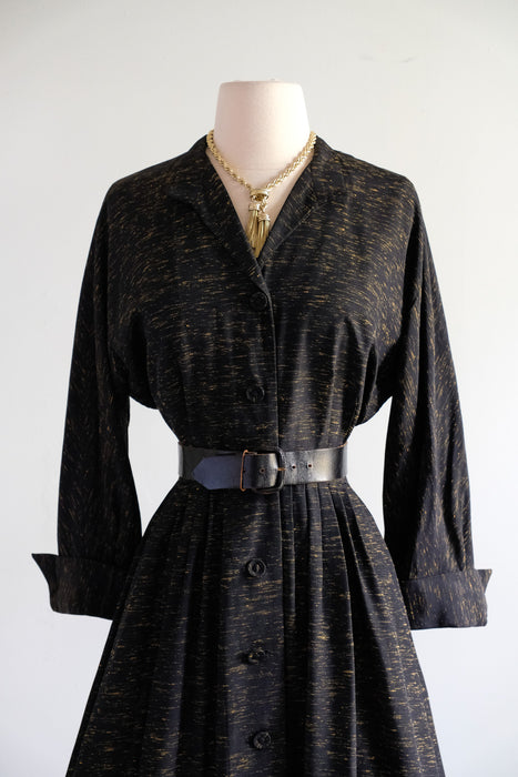 Vintage Early 1950's Black & Gold Textured Faille Dress by Brielle / SM