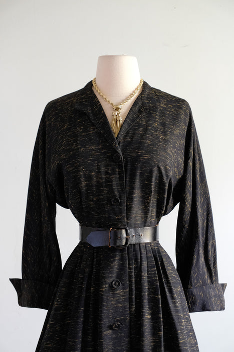Vintage Early 1950's Black & Gold Textured Faille Dress by Brielle / SM
