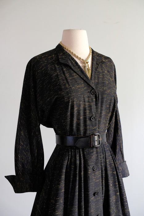 Vintage Early 1950's Black & Gold Textured Faille Dress by Brielle / SM