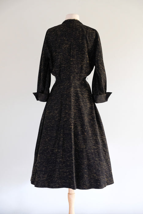 Vintage Early 1950's Black & Gold Textured Faille Dress by Brielle / SM