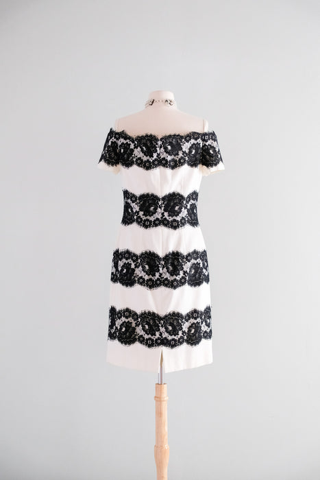 Chic 1990's Black & White Striped Spanish Lace Cocktail Dress by Scaasi / M