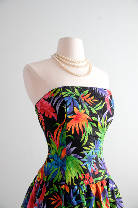 Wild 1980's Tropical Strapless Party Dress by AJ Bari / S