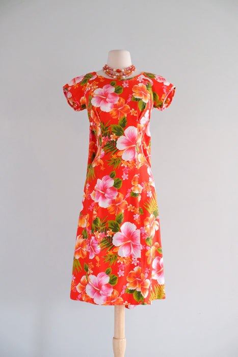 Vintage 1960's Tangerine Floral Hawaiian Dress / SM