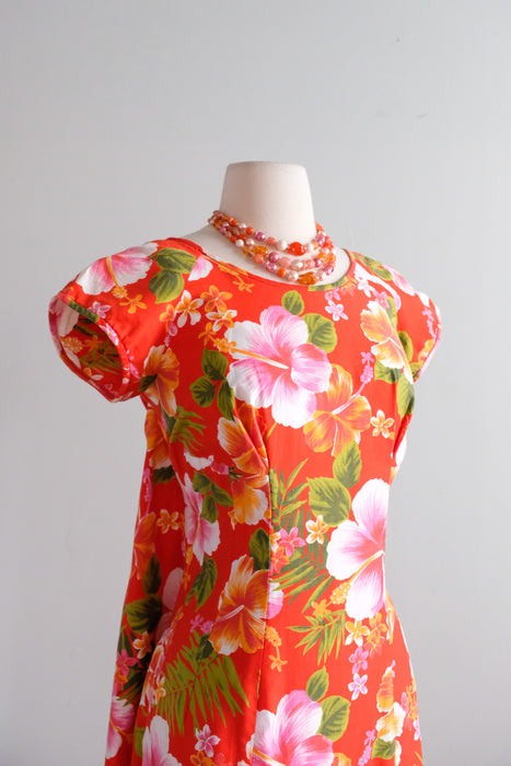 Vintage 1960's Tangerine Floral Hawaiian Dress / SM
