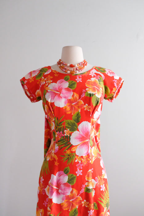 Vintage 1960's Tangerine Floral Hawaiian Dress / SM