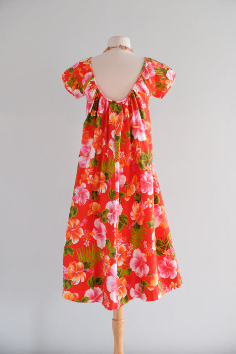Vintage 1960's Tangerine Floral Hawaiian Dress / SM