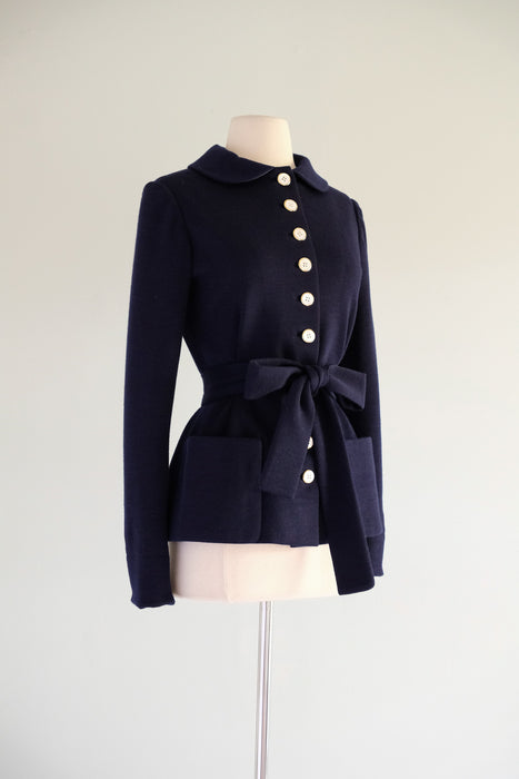 Vintage 1960's Navy Wool Jersey Mod Jacket by Norman Norell for I.Magnin / S