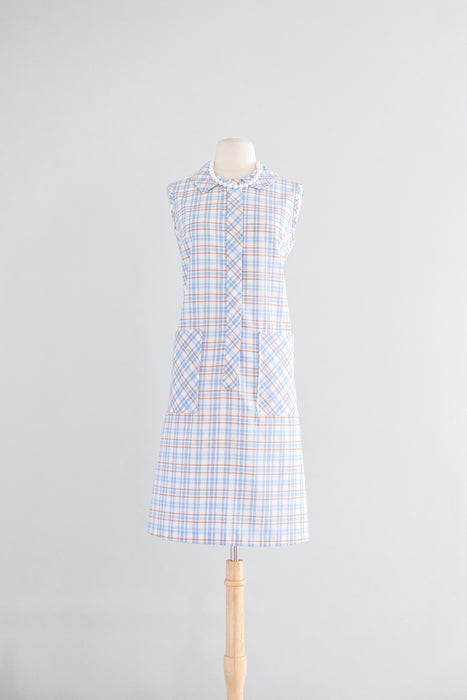 Delightful 1960's Blue & Orange Check Plaid Cotton Dress / Sz L