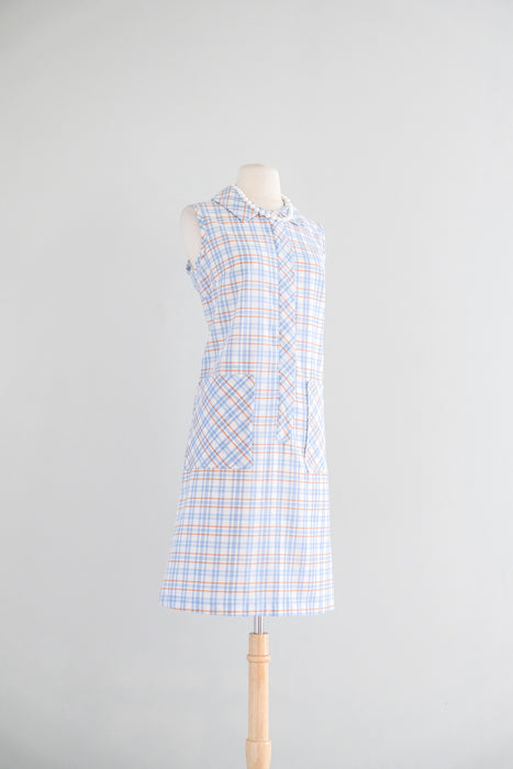 Delightful 1960's Blue & Orange Check Plaid Cotton Dress / Sz L