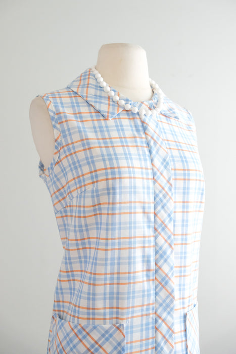 Delightful 1960's Blue & Orange Check Plaid Cotton Dress / Sz L